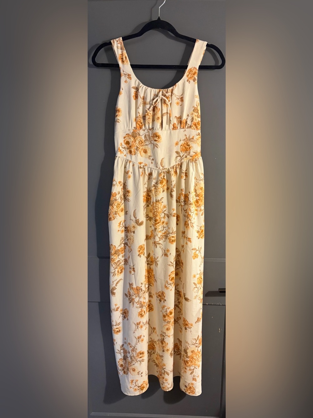 Monteau Los Angeles Floral Fleur Empire Waist Rust Tan Cream Maxi Dress Small